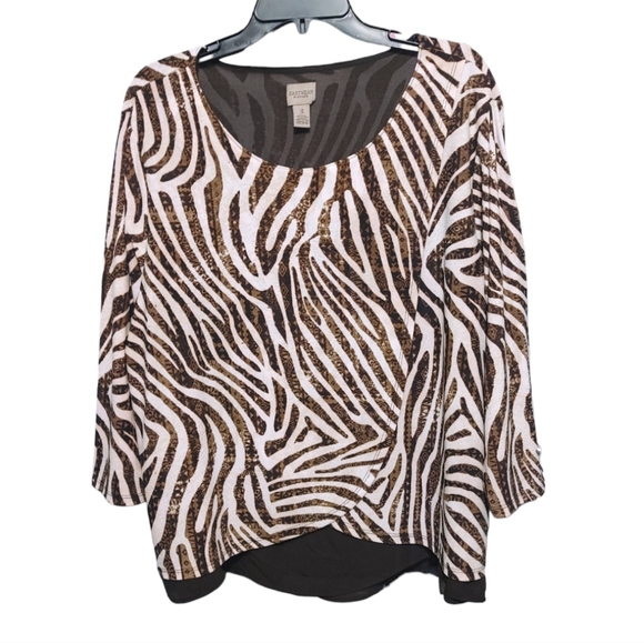 Chico's Brown Zebra Long Sleeve Round Neck Top Blouse Women Size Extra Large XL - Picture 8 of 8